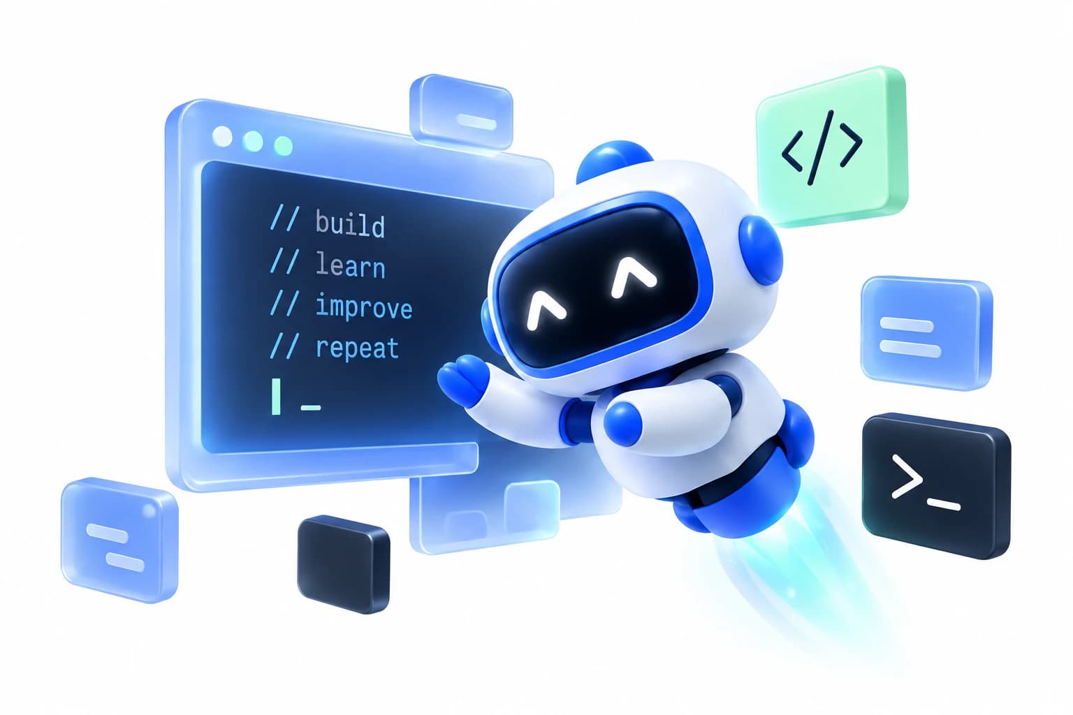 Friendly white and cobalt blue robot floating beside a glass code editor